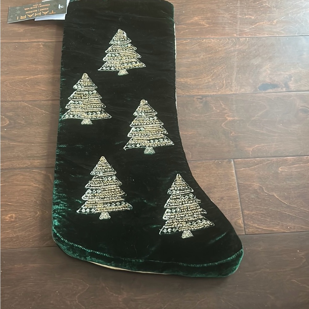 Tahari Beaded Stocking Christmas Trees Green Velvet 22” New Beaded